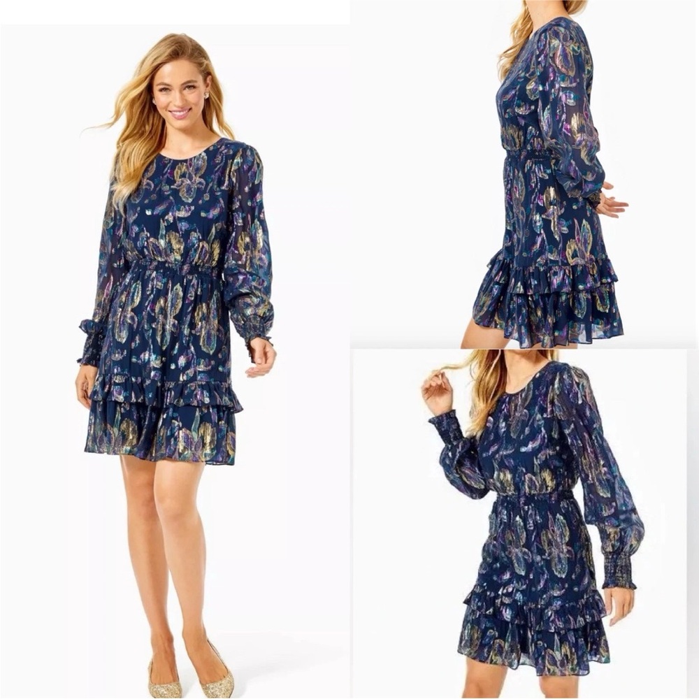 Lilly Pulitzer Sz 8 Dotti Silk Blend Navy and Gold Midi Dress
